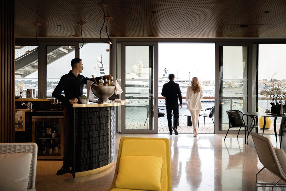 The yacht club has a lounge and bar, business facilities, rooftop terrace with catering, plus a crew lounge, gym and wellness centre