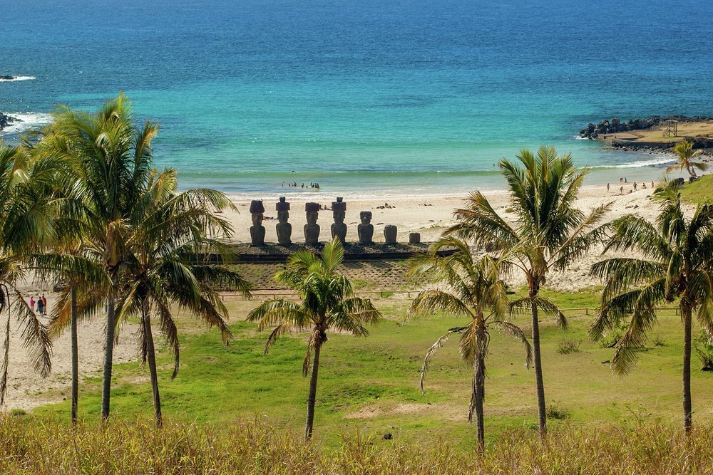 Moai overlook Anakena Beach, the best of this volcanic island's two beaches