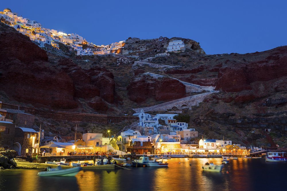 The fishing village in Ammoudi Bay, beneath the town of Oia on Santorini's north west tip, is where you'll find some sea-fresh fish