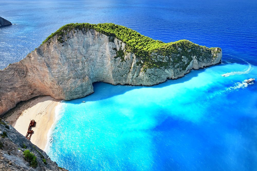 The iconic Ionian scene of Navagio Bay on the north west coast of Zakynthos
