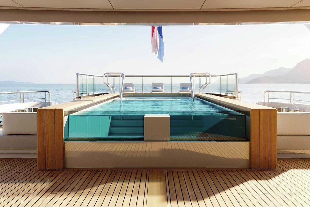 An inviting 6.5m (21.4ft) glass-bottomed pool on the main deck aft