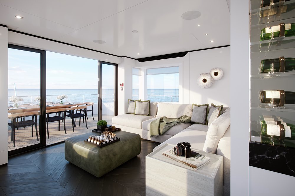 Outside the sky lounge there is open-air dining, a BBQ, walkaround sidedecks and lounge seating forward