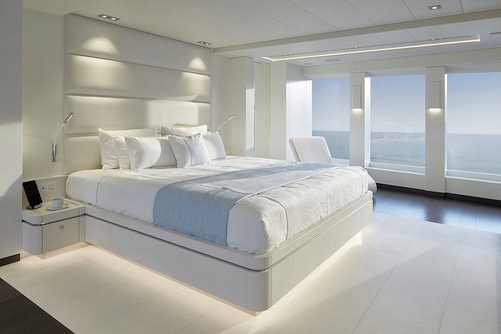 The Cristiano Gatto interiors are uplifting, as seen her in the full beam main deck master suite