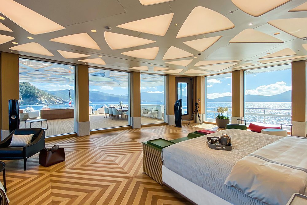 Exquisite parquetry in the bedroom suite on the owner's deck