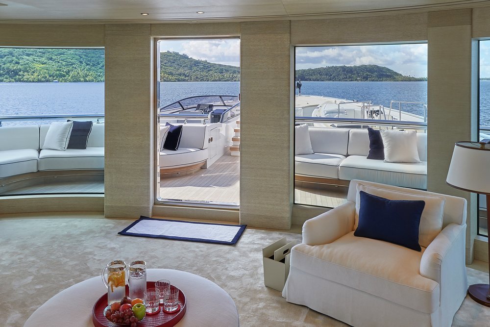 Full-height windows in the owner's suite and direct access to the foredeck helipad