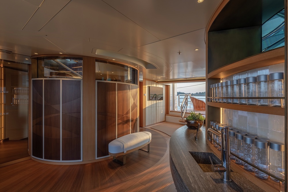 The beach club bar area, reached by elevator or spiral staircase, has two sea terraces for a gym and a beach club lounge