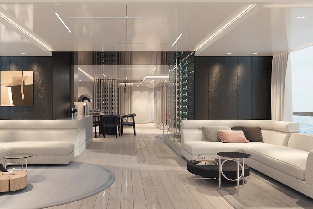 The open-plan main deck has abundant natural light through huge windows and wonderful views thanks to bulwark cut-outs (sistership image)