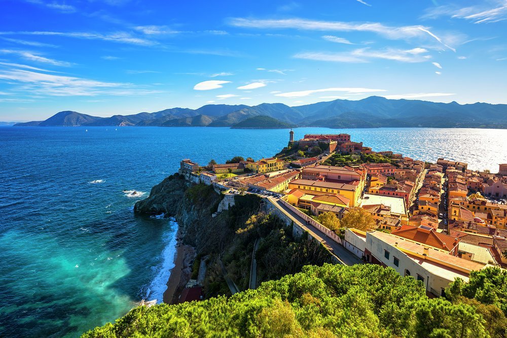Elba's capital, the historic fortified town of Portoferraio, with the hills of Tuscany in the background
