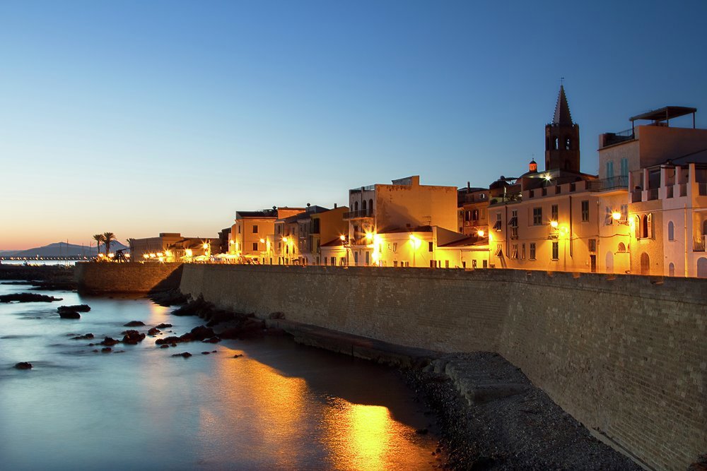 Bastion Marco Polo lit up at night with the 16th century Cattedrale dell’Immacolata Concezione