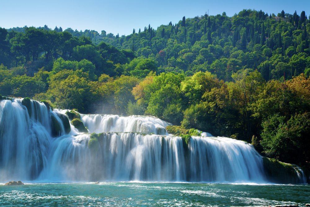 Krka National Park features seven Krka River waterfalls including the photogenic Skradinski Buk falls
